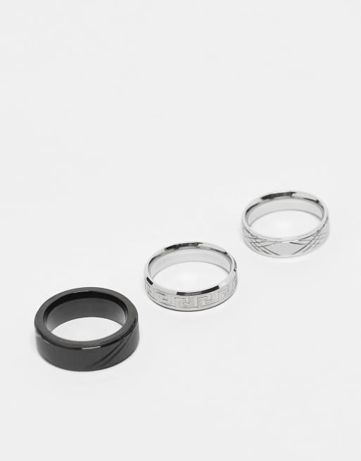 ASOS DESIGN – Olikfärgade ringar i rostfritt stål med präglat vågmönster i grekisk stil, 3-pack