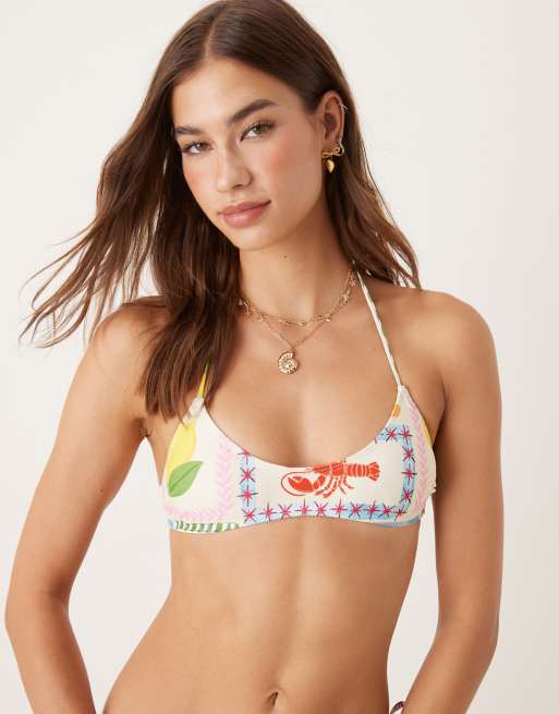 ASOS DESIGN - Olive Antibes - Halterneck-bikinitop med fliseprint og røde kontrastdetaljer