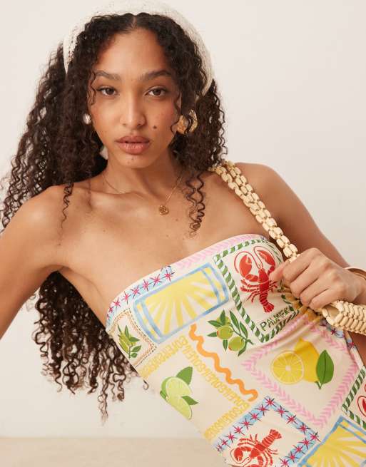 ASOS DESIGN Olive Bandeau Swimsuit in tile print