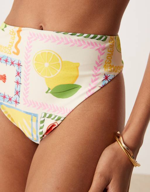 ASOS DESIGN Olive high leg high waist bikini bottoms in tile print