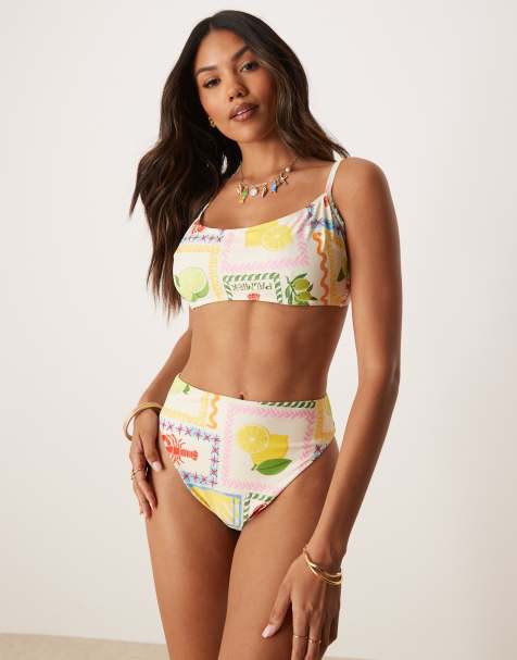 ASOS DESIGN Olive high leg high waist bikini bottom in tile print