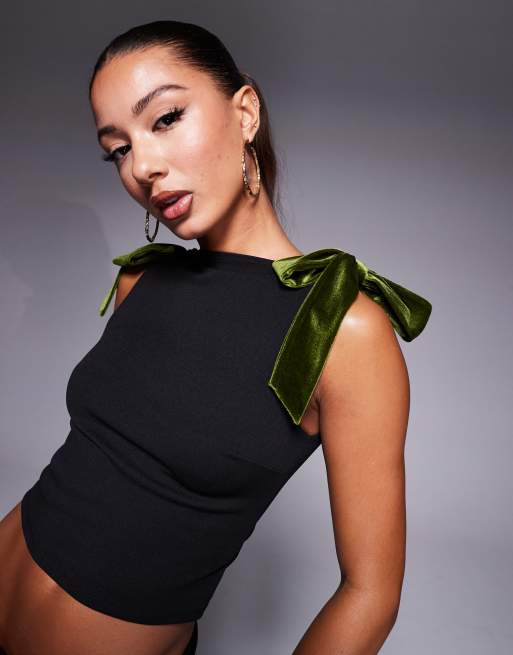 ASOS DESIGN olive green velvet bow strap boat neck top in black