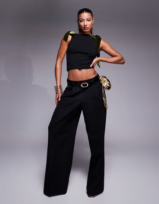 ASOS DESIGN olive green velvet bow straps boat neck top in black, 3 of 4