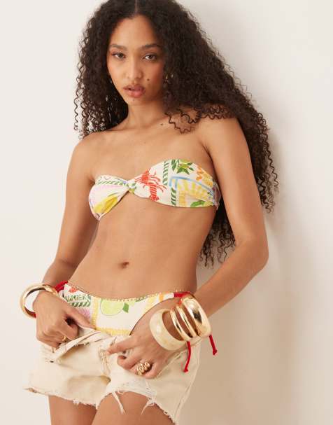 ASOS DESIGN Olive Mykonos bandeau bikini top in tile print - view 1