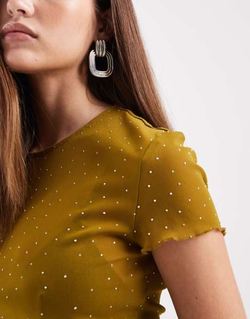 ASOS DESIGN - Olivengrøn baby-T-shirt med bølgekant og tekstur i mesh, 2 af 4