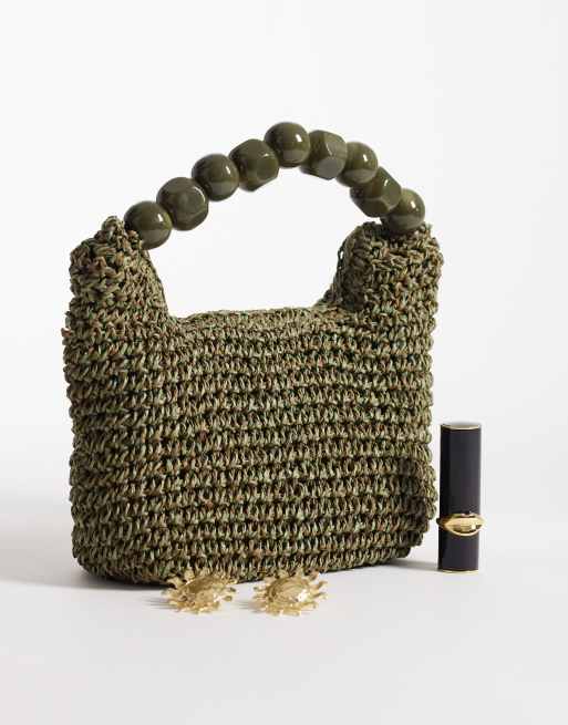 ASOS DESIGN - Olivengrøn clutch-taske i strå med kuglehank i resin, 2 af 4