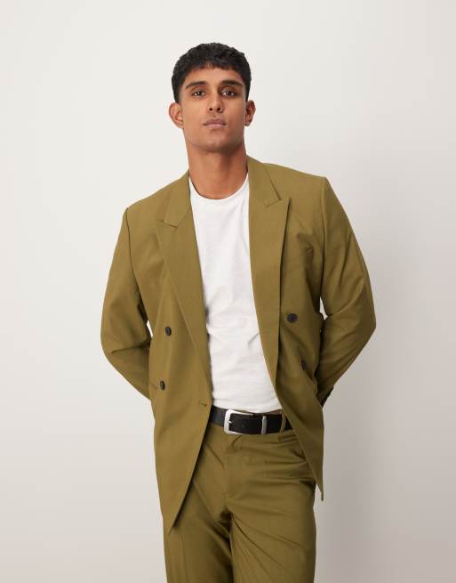 ASOS DESIGN - Olivengrøn dobbeltradet smal habitjakke