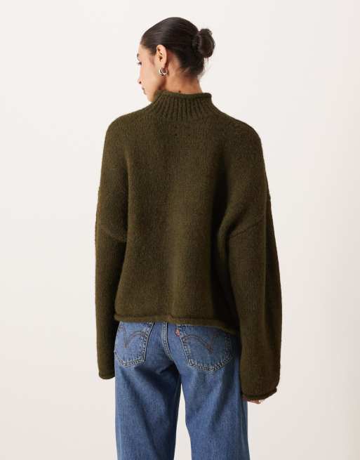 ASOS DESIGN - Olivengrøn kabelstrikket trøje med høj hals i firkantet pasform, 4 af 4