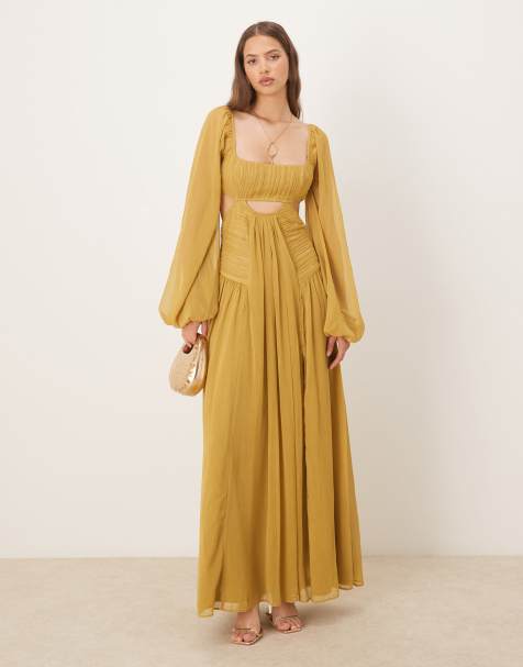 ASOS DESIGN - Olivengrøn langærmet maxikjole med udskæring og rynket skørt - view 1