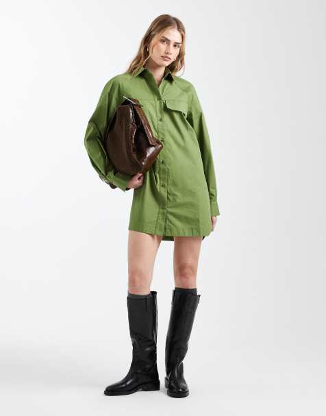 ASOS DESIGN - Olivengrøn langærmet skjortekjole i minilængde med forlommer - view 1