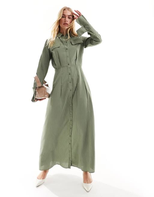 ASOS DESIGN - Olivengrøn maxi-skjortekjole med striber og bindedetaljer på ærmekanterne
