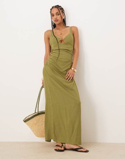 ASOS DESIGN - Olivengrøn maxi-sundress med bralette-udskæring i hørblanding - view 1