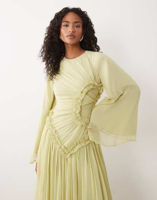 ASOS DESIGN - Olivengrøn maxikjole i rynket chiffon med indsyning og mikroflæser, 2 af 4