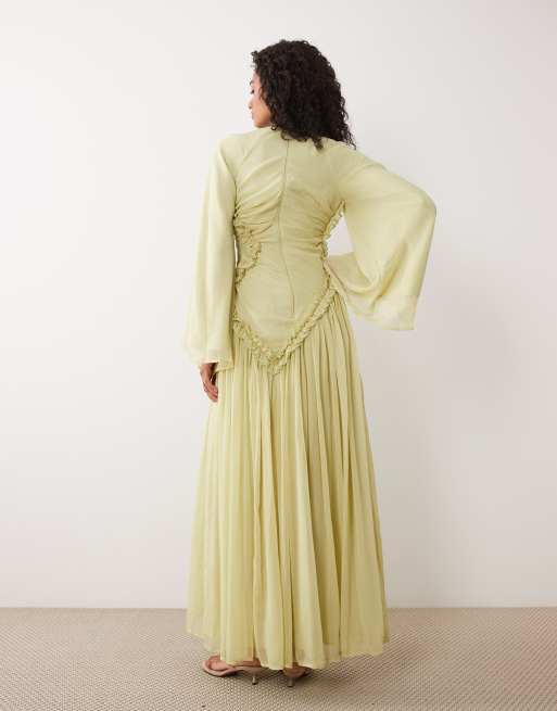 ASOS DESIGN - Olivengrøn maxikjole i rynket chiffon med indsyning og mikroflæser, 3 af 4