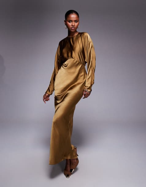 ASOS DESIGN - Olivengrøn maxikjole i satin med flagermusærmer - view 1