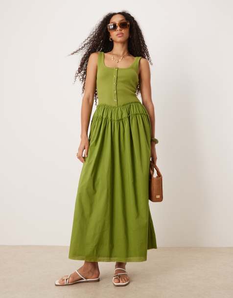 ASOS DESIGN - Olivengrøn maxikjole med dyb rund hals, knapper, ribstrikket overdel og poplinnederdel - view 1
