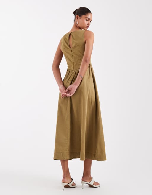 ASOS DESIGN - Olivengrøn maxikjole med V-hals og sømdetaljer og tætsiddende talje, 4 af 4