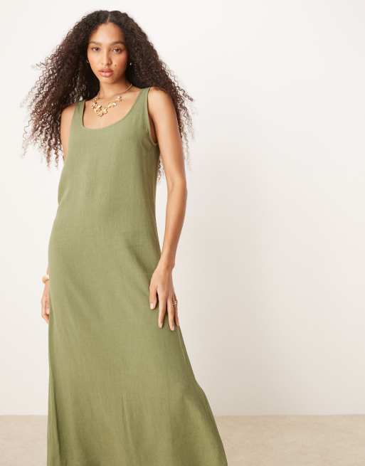 ASOS DESIGN - Olivengrøn midi-sommerkjole i hørblanding med dyb rund hals, 2 af 4