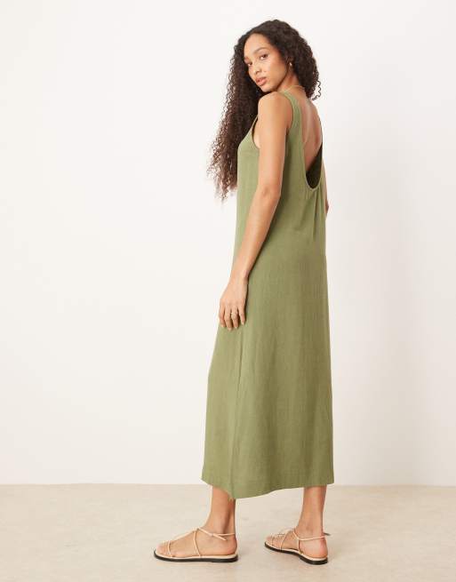 ASOS DESIGN - Olivengrøn midi-sommerkjole i hørblanding med dyb rund hals, 4 af 4