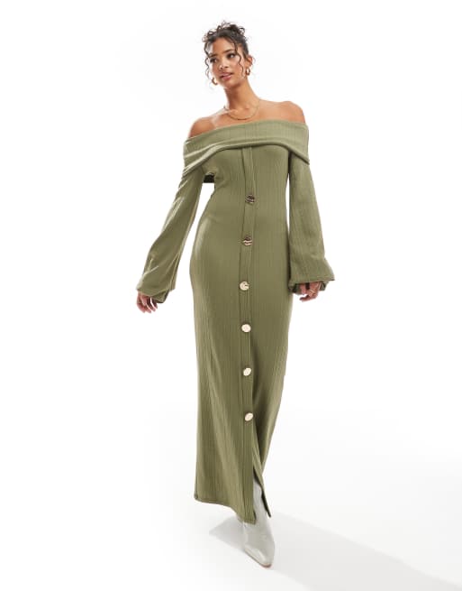 ASOS DESIGN - Olivengrøn midikjole med bardot-snit og chunky knapper i ribstrik