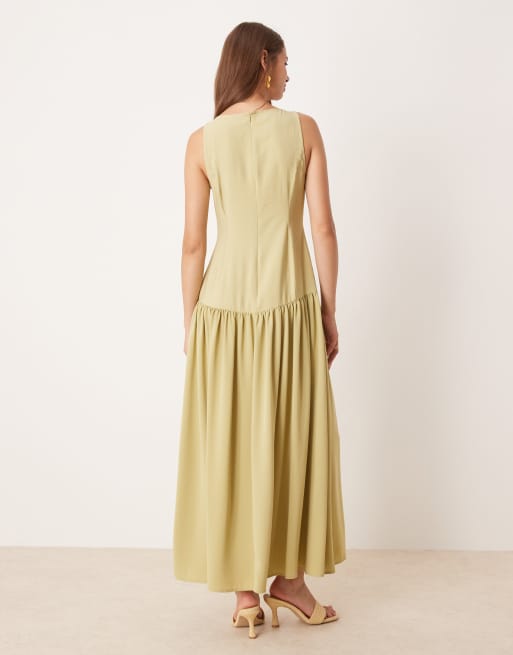 ASOS DESIGN - Olivengrøn midikjole med firkantet hals og sænket talje, 3 af 4