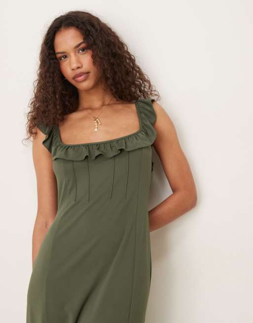 ASOS DESIGN - Olivengrøn midikjole med stropper og flæser foran, 3 af 4