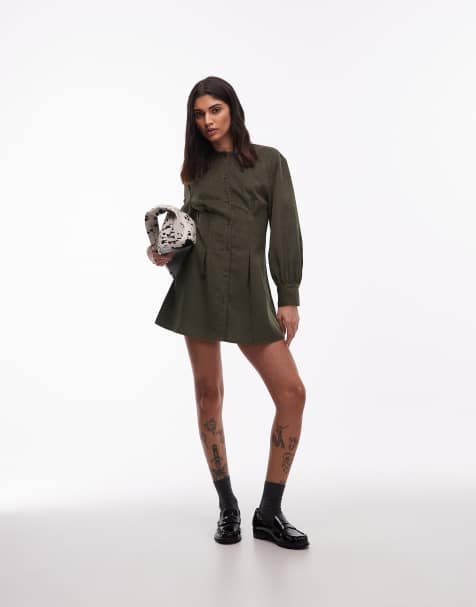 ASOS DESIGN - Olivengrøn minikjole i fløjl med rund hals og knapper samt tætsiddende talje - view 1