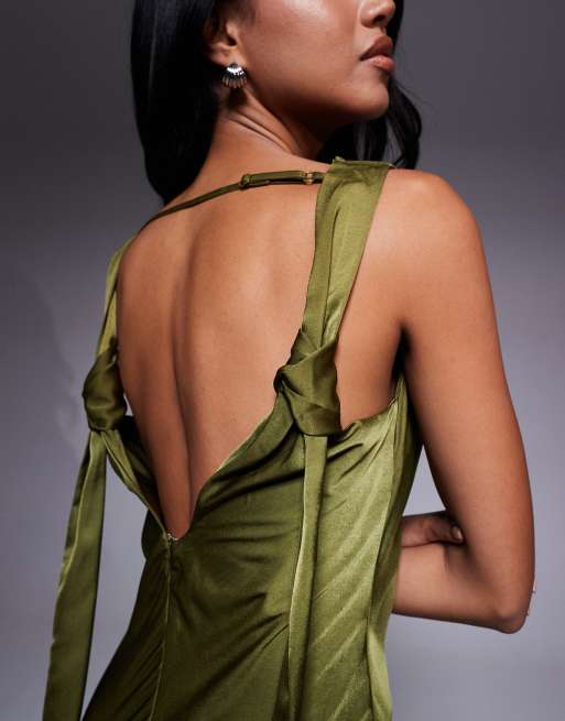 ASOS DESIGN - Olivengrøn minikjole i satin med draperet halsudskæring og lange bindebånd samt slids, 3 af 4