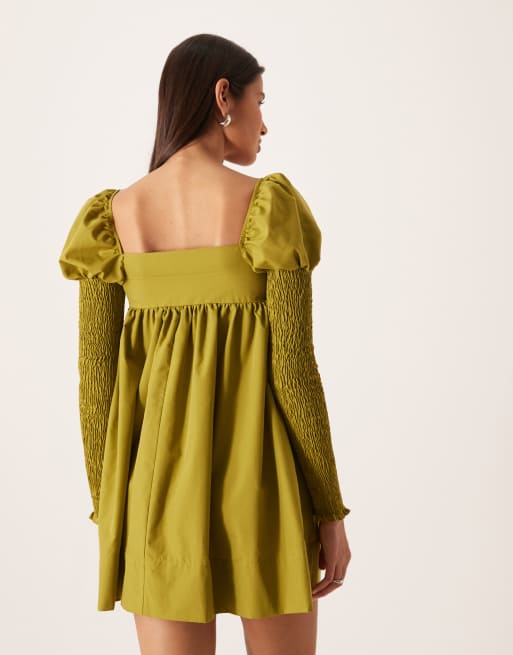 ASOS DESIGN - Olivengrøn minikjole med lange ærmer, rynker over brystet og knapper foran, 3 af 4