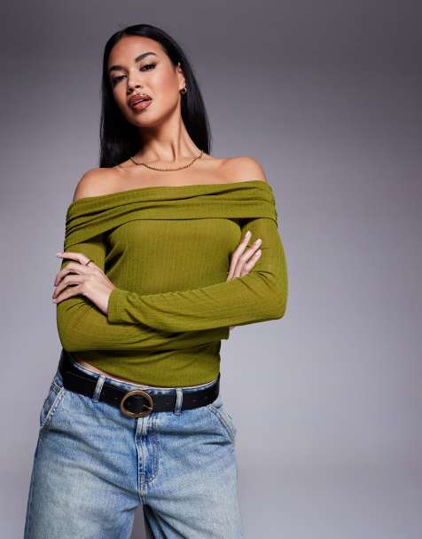 ASOS DESIGN - Olivengrøn og longline bardot-top i ribstrik - view 1