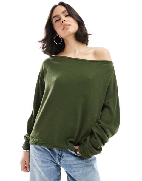 ASOS DESIGN - Olivengrøn og løstsiddende oneshoulder-trøje - view 1