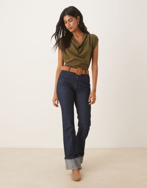 ASOS DESIGN - Olivengrøn T-shirt med vandfaldsudskæring og draperinger, 2 af 4