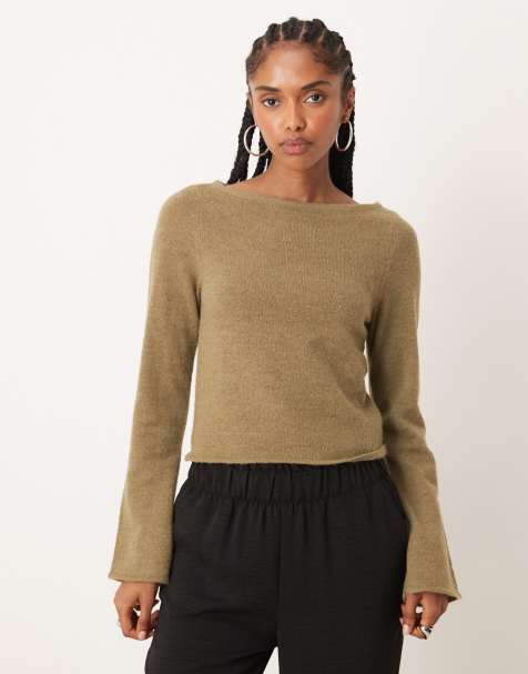 ASOS DESIGN - Olivengrøn top med halsudskæring i løst strik - view 1