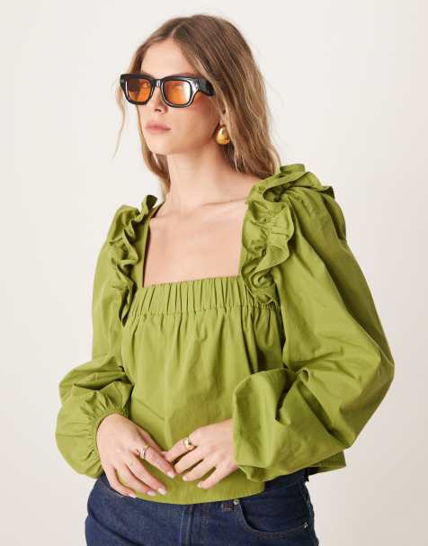 ASOS DESIGN - Olivengrøn trapez-bluse i poplin med flæser - view 1
