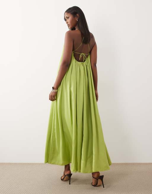 ASOS DESIGN - Olivengrøn trapez-formet maxikjole med dyb rund hals og perledetaljer på ryggen, 2 af 4