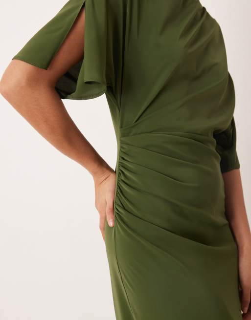 ASOS DESIGN - Olivengrøn tætsiddende midikjole med sænkede skuldre og drapering, 3 af 4