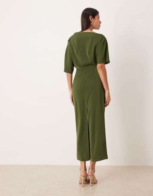 ASOS DESIGN - Olivengrøn tætsiddende midikjole med sænkede skuldre og drapering, 4 af 4