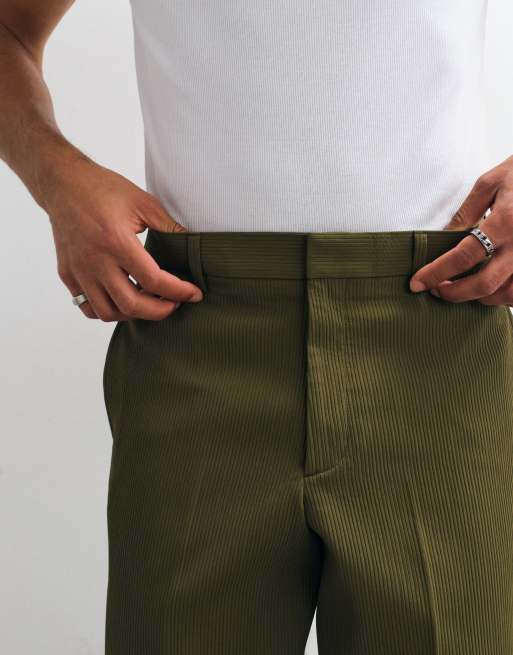 ASOS DESIGN - Olivengrønne habitbukser med brede ben og ribtekstur, 3 af 5