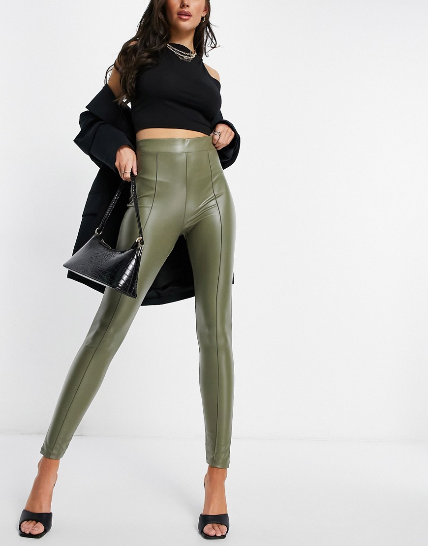 ASOS DESIGN - Olivengrønne leggings i læderlook med pintuck