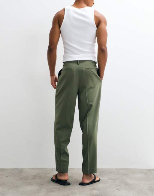 ASOS DESIGN - Olivengrønne oversized tapered sommerbukser med plisseringer i uld, 3 af 5