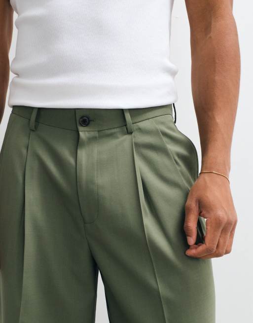 ASOS DESIGN - Olivengrønne oversized tapered sommerbukser med plisseringer i uld, 4 af 5