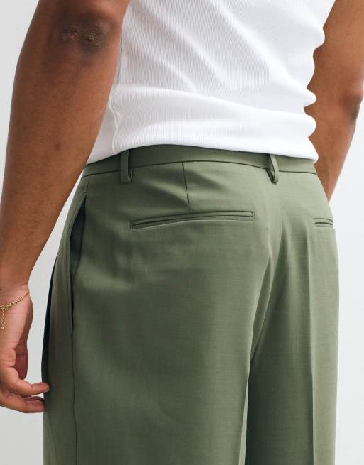 ASOS DESIGN - Olivengrønne oversized tapered sommerbukser med plisseringer i uld, 5 af 5