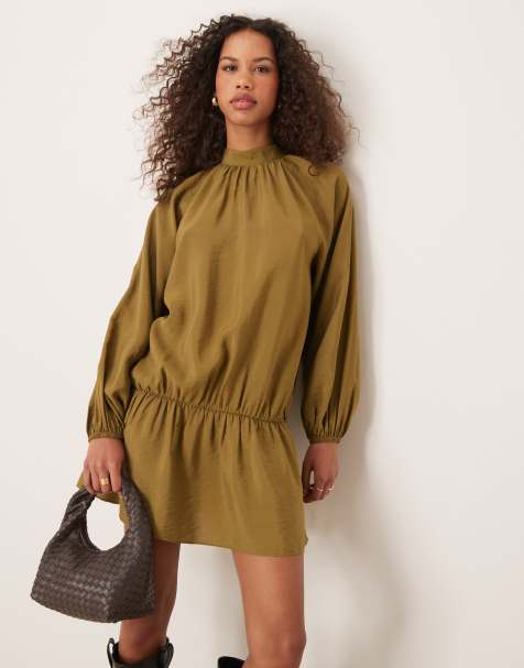 ASOS DESIGN – Olivfärgad miniklänning med långa blusärmar - view 1
