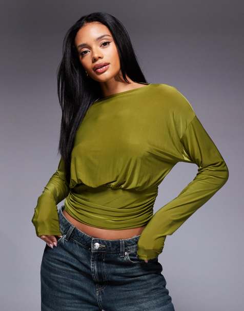 ASOS DESIGN – Olivgrön, åtsmitande topp med asymmetrisk, enaxlad design, långa ärmar och markerad midja - view 1