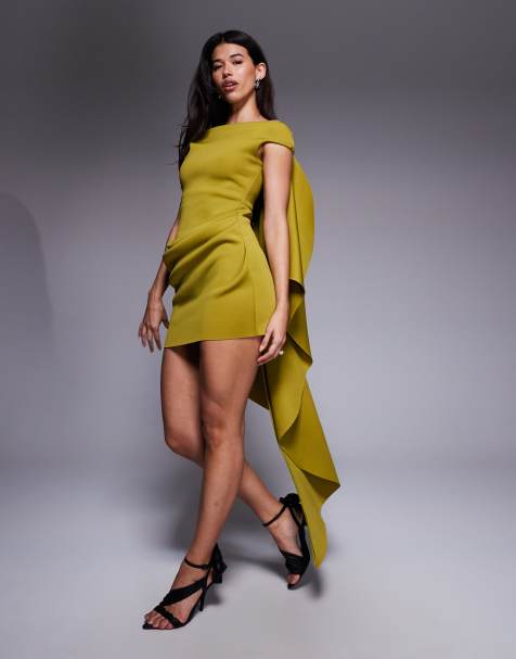 ASOS DESIGN – Olivgrön bardot-klänning i minilängd med släp - view 1