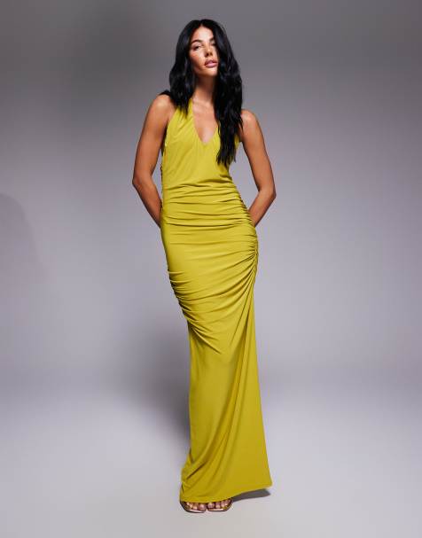 ASOS DESIGN – Olivgrön, draperad maxiklänning med halterneck och rynkade detaljer - view 1