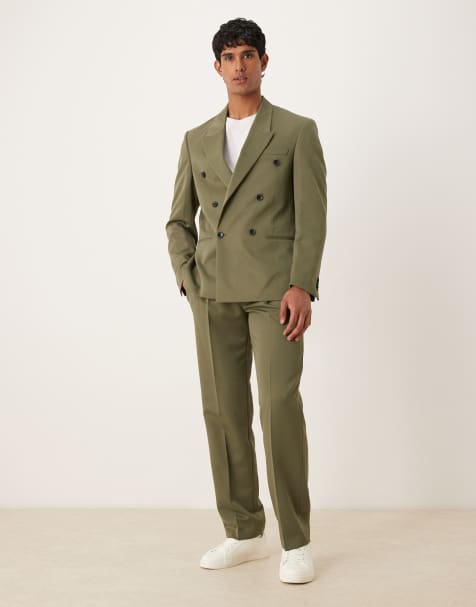 ASOS DESIGN – Olivgrön, dubbelknäppt, regular kostym i twill - view 1