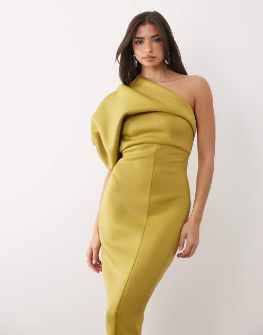 ASOS DESIGN – Olivgrön, enaxlad maxiklänning i scubaliknande tyg med rysch, 3 av 4