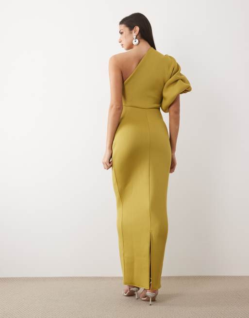 ASOS DESIGN – Olivgrön, enaxlad maxiklänning i scubaliknande tyg med rysch, 4 av 4