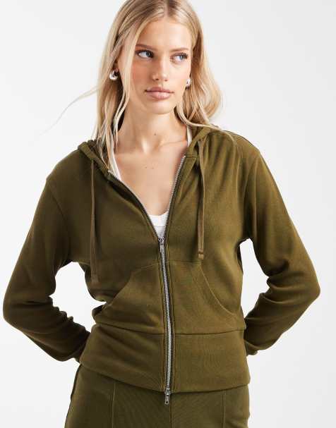 ASOS DESIGN – Olivgrön, finstickad och krympt huvtröja med dragkedja - view 1